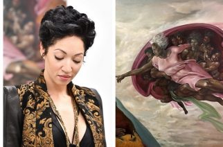 Harmonia Rosales painted her own version of Michelangelo’s work in 2017, reimagining God and the First Man as black women